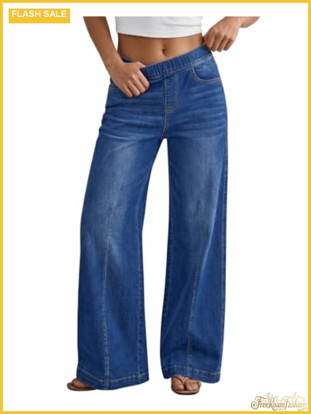 High Rise Wide Leg Jeans Pull On Elastic Waist Denim Pants